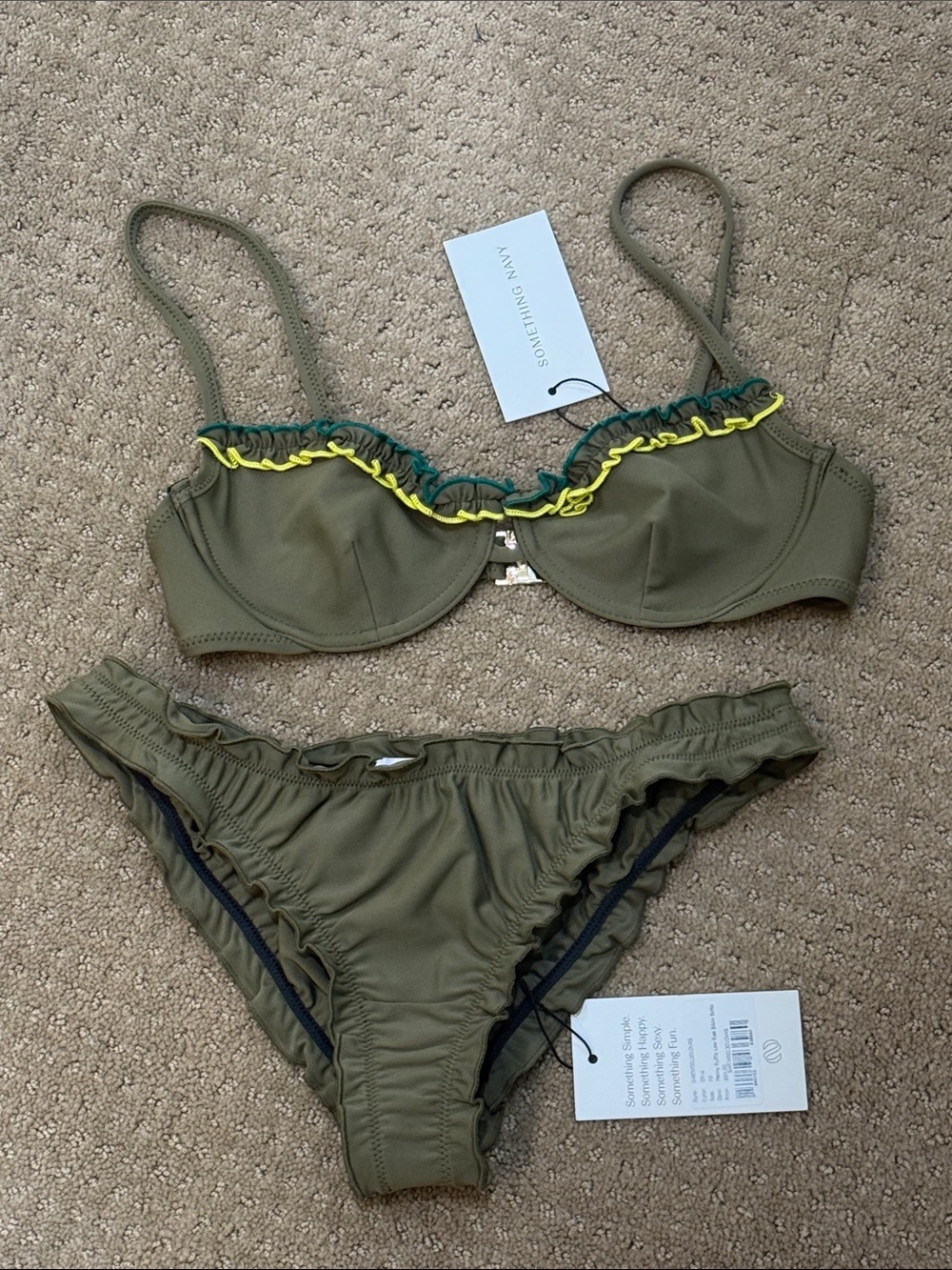 Something Navy Olive Green Ruffle Bikini with Yellow & Green Accents NWT